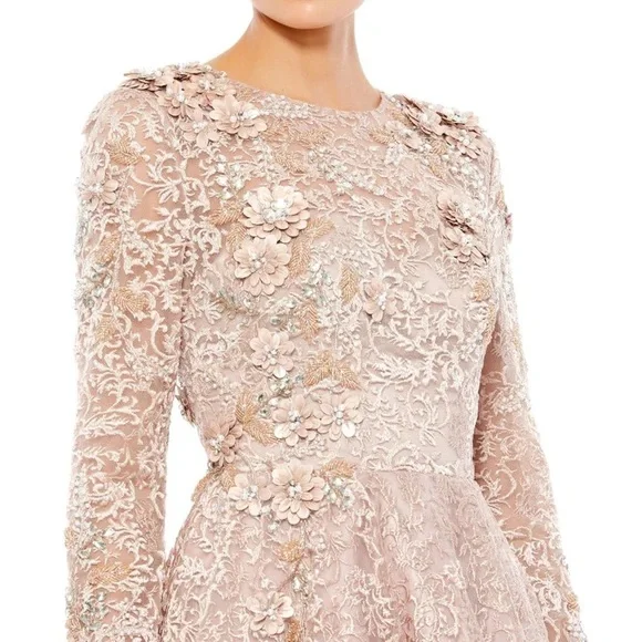 NWT MacDuggal 11121 Mocha Embellished Illusion Long Sleeve A-Line Ball Gown-Sz 8 - Picture 3 of 15
